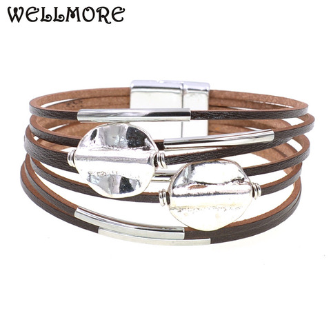 WELLMORE-Pulseras de cuero con abalorios para mujer y hombre, pulsera envolvente de múltiples capas, regalos para parejas, joyería de moda al por mayor ► Foto 1/6