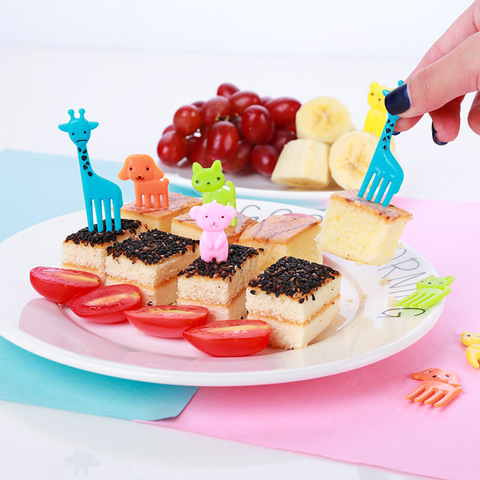 Mini letrero de plástico de grado alimenticio para tentempié infantil, vajilla para fiesta, fruta, tenedor, dibujos animados, 10 Uds. ► Foto 1/6