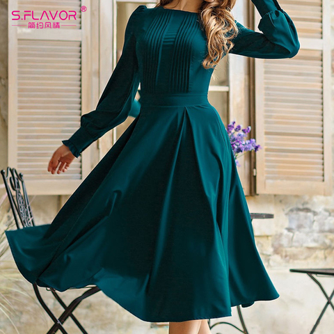 S.FLAVOR-vestido Midi plisado de manga larga para mujer, de Color verde vestido elegante, informal, para primavera y verano, 2022 ► Foto 1/6