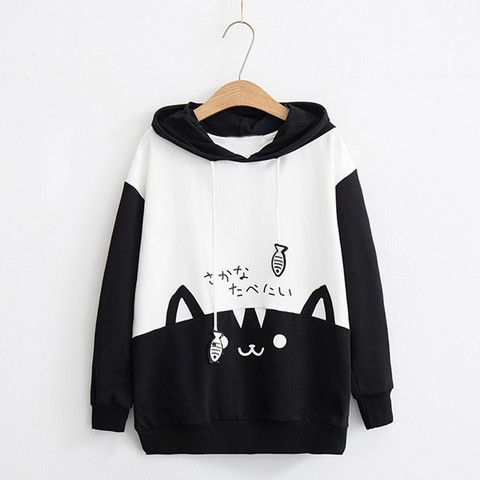 Sudadera con capucha con estampado de gato kawaii para mujer, jerséis japoneses, sudadera holgada informal de manga larga con bolsillos, Tops, sudadera para mujer ► Foto 1/6