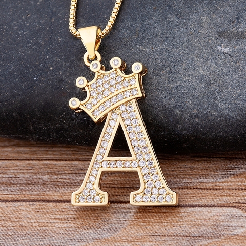 Collar de cadena con colgante de cobre y circonita para hombre y mujer, A-Z, corona, alfabeto, estilo Punk, Hip-Hop, joyería de nombre ► Foto 1/6