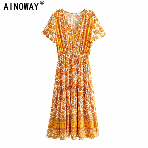 Chic Vintage mujeres amarillo Floral imprimir rayón Bohemia playa maxi Vestido Mujer cuello en V de verano plisado vestido vestidos ► Foto 1/6