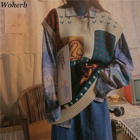 Woherb-suéter Harajuku para mujer, Chaleco de estilo coreano Vintage estampado con cuello en V, jerséis sin mangas de punto para mujer, otoño 2022 ► Foto 1/6