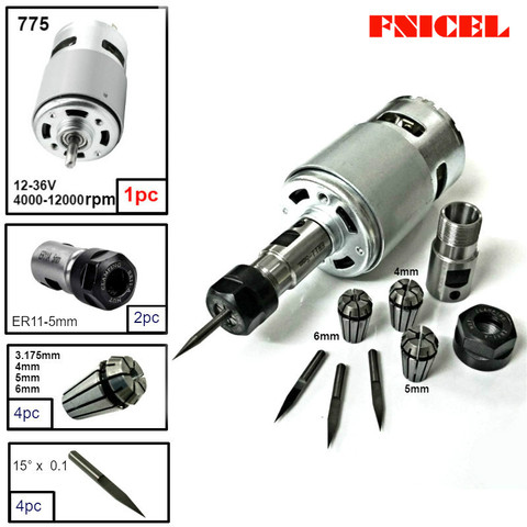 FNICEL-Motor de rodamiento de bolas 775 DC 12-36V, Motor con varilla de extensión ER11, cuchillo de talla para máquina enrutadora CNC 1610/ 2417 3018 ► Foto 1/6