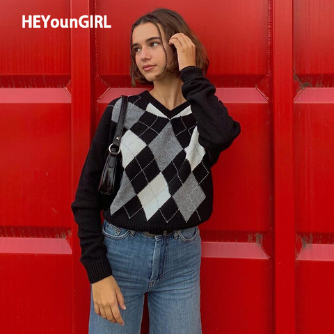 HEYounGIRL otoño negro V cuello de punto Vintage suéter Casual Argyle Jersey escocés mujeres Y2K estilo Preppy Jersey manga larga 2022 ► Foto 1/6