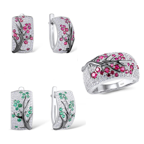 3 unids/set diseño único ciruela Flor de plata conjunto de joyería para mujer Vintage de cristal de Zircon rojo, pendientes de aro, anillo de boda ► Foto 1/6