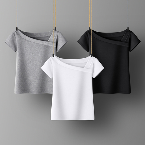 Camiseta de algodón de manga corta para mujer, Top que combina con todo, camiseta blanca y negra ► Foto 1/6