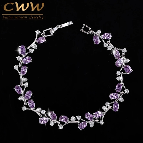 CWWZircons 6 opciones de colores Color oro blanco austriaco hecho a mano de diamantes de imitación de cristal piedras púrpuras pulseras brazalete para las mujeres CB078 ► Foto 1/6