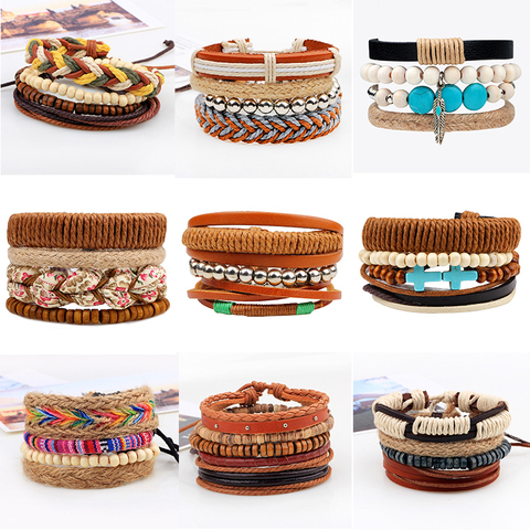 Pulsera de cuerda de cáñamo de tejido gitano para mujer, colgante bohemio hecho a mano, brazalete apilable, pulseras ajustables multicapa ► Foto 1/6