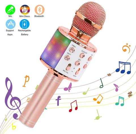 Micrófono de Karaoke inalámbrico, altavoz Portátil con Bluetooth, reproductor de KTV casero con luces LED de baile, función de grabación para niños ► Foto 1/6