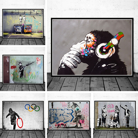 Banksy Street-pintura en lienzo de mono, póster e impresión de estilo nórdico, imágenes artísticas de pared para decoración del hogar y la sala de estar ► Foto 1/6