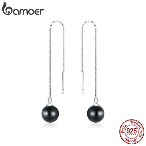 Bamoer-pendientes colgantes redondos de piedra de ágata negra para mujer, cuentas de cadena larga para mujer, joyería fina de Plata de Ley 925, bisutería SCE878 ► Foto 1/6