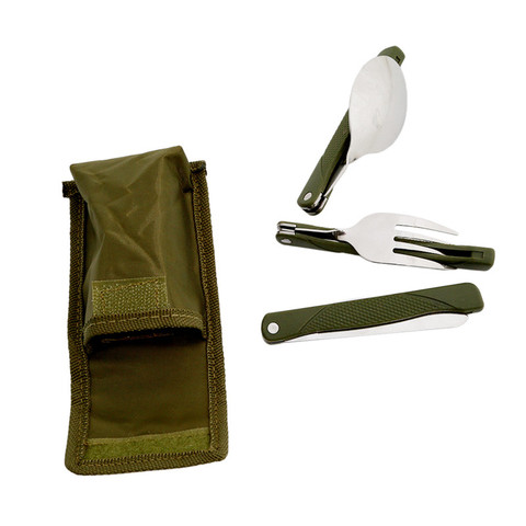 Juego de cubiertos plegables portátiles de acero inoxidable, cuchillo de tenedor con bolsa verde militar, bolsa de supervivencia para acampar, contenedor de cubiertos para exteriores ► Foto 1/6