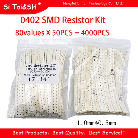 4000PCS 0402 SMD Resistor Kit Assorted Kit 10R~910K ohm 5% 80valuesX 50PCS=4000PCS Sample Kit ► Foto 1/2