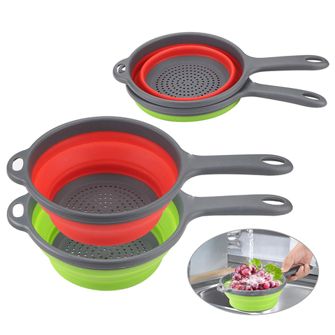 Colador de silicona plegable para lavar frutas y verduras, cesta con mango, escurridor, herramientas de cocina ► Foto 1/6