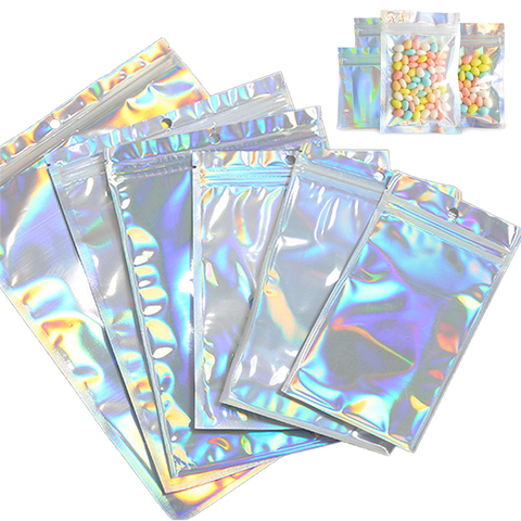 Bolsas con cierre iridiscente para cosméticos, bolsas de plástico iridiscentes, holográficas, con cremallera, 20 piezas ► Foto 1/6