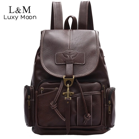 2022 mochila Vintage para mujeres para adolescentes mochilas escolares mochilas de moda Retro de cuero negro con cordón grande mochila XA150H ► Foto 1/6