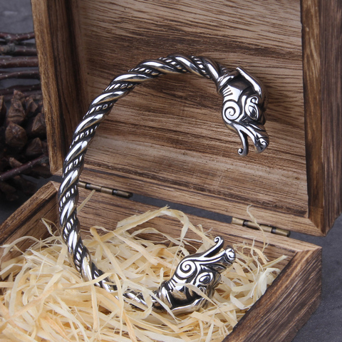 Pulsera de dragón de vikingo nórdico de acero inoxidable para hombre, brazalete ajustable con caja de madera vikinga ► Foto 1/6