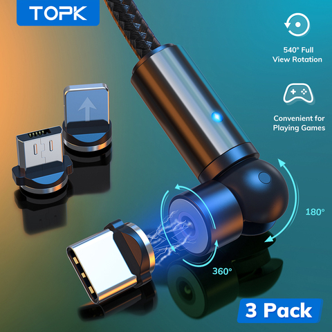 TOPK-Cable magnético tipo C para iPhone 11, Samsung, y Huawei Xiaomi, cargador de carga magnético con giro de 540, 3 unidades ► Foto 1/6