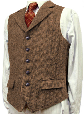 Traje de lana de Tweed ajustado para hombre, chaleco de algodón de ocio, color marrón, con espiga, para negocios, para novio de boda ► Foto 1/6