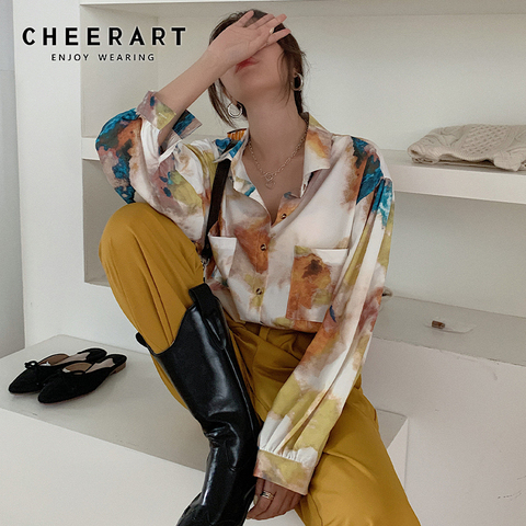 CHEERART-Blusa de manga larga holgada para otoño, camisa holgada abotonada con pintura al óleo para mujer, moda coreana 2022 ► Foto 1/5