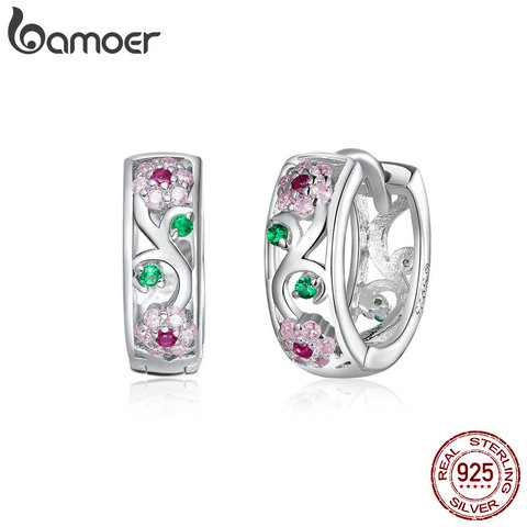 Bamoer-pendientes de aro con flor para mujer, de Plata de Ley 925 auténtica, joyería fina con estilo de compromiso para boda, BSE403 ► Foto 1/6