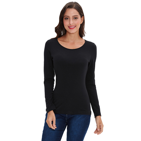 Camiseta básica de manga larga sólida para mujer, cuello redondo, algodón liso, Spandex, camisetas de talla grande para mujer, otoño ► Foto 1/6