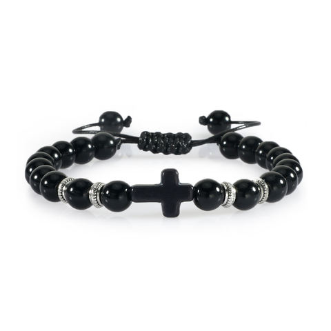 Pulsera trenzada con cuentas de hematita para hombre y mujer, brazalete con cuentas de piedra Natural de 8MM, con diseño de cruz de Jesús, bendición cristiana, joyería hecha a mano para rezar ► Foto 1/6