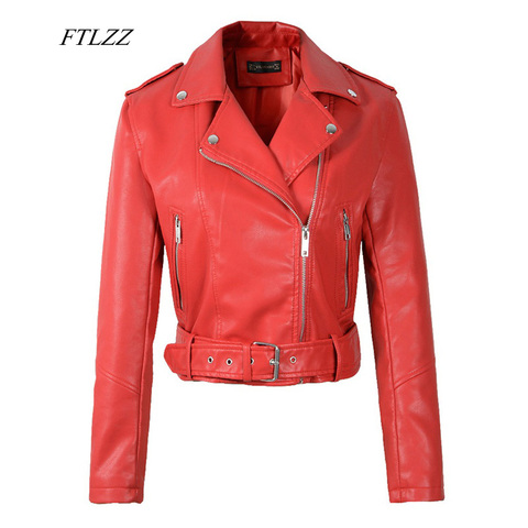 FTLZZ-Chaqueta corta con remaches y cremallera para mujer, chaquetas básicas finas de imitación de cuero Pu para motocicleta, prendas de vestir exteriores rojas y negras con cinturón ► Foto 1/6