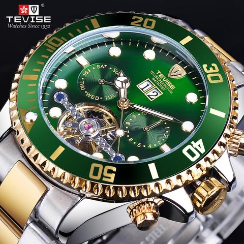 TEVISE-Reloj de pulsera deportivo automático para hombre, DISEÑO DEPORTIVO de negocios de acero inoxidable dorado con esfera verde, Tourbillion ► Foto 1/6