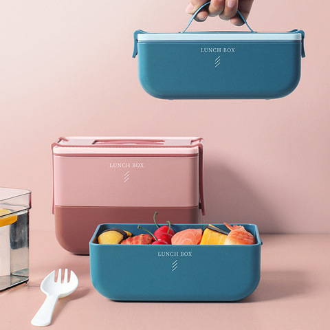 Bento box de doble capa para niños, fiambrera portátil de estilo japonés a prueba de fugas, contenedor de alimentos, caja de almacenamiento, vajilla para microondas ► Foto 1/6