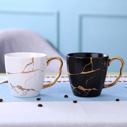 Taza de mármol dorado de lujo con luz de viento nórdico, Taza de cerámica mate para café, exprés, cruzada de amazon, taza de café jarra ► Foto 1/5