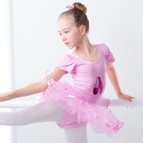 Vestido de Ballet rosa para niñas y niños, ropa de baile de lentejuelas, vestido de princesa de manga corta con volumen, trajes de baile ► Foto 1/6