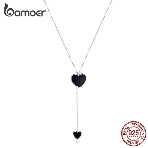 Collar de doble Corazón de bamoer para mujer, collares de cadena simples con esmalte negro en forma de Y, joyería de plata de ley 925 para mujer BSN095 ► Foto 1/6