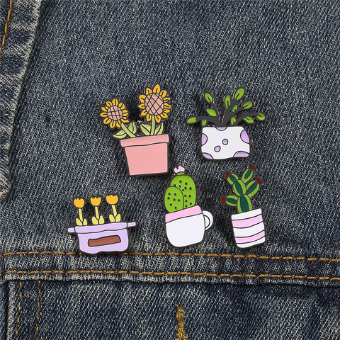 Broches esmaltados de Metal para macetas de girasol, insignias de Cactus de dibujos animados a la moda, alfiler para mochila, abrigo, solapa, accesorios de joyería ► Foto 1/6