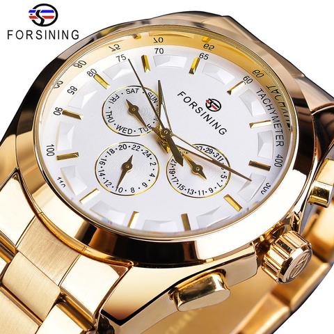 Forsining-reloj mecánico dorado para hombre, cronógrafo de 3 Dial, banda de acero, automático, masculino ► Foto 1/6