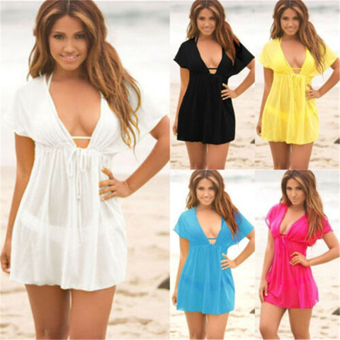 Vestido corto femenino de verano color liso con manga corta, minivestido playero para mujer, color liso, cuello de pico, 2022 ► Foto 1/6