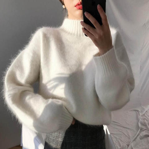 Suéter de cachemira de visón para mujer, Jersey de punto peludo de talla grande coreano Harajuku, suéter holgado cuello alto 2022 ► Foto 1/6