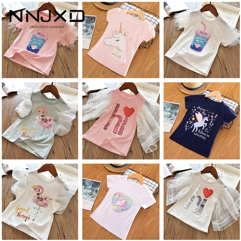 Verano de manga corta Camisetas De Niñas Flamingo unicornio de dibujos animados Tops estampados para bebé Niñas Ropa de lentejuelas camiseta 3-8Yrs Niño ► Foto 1/6