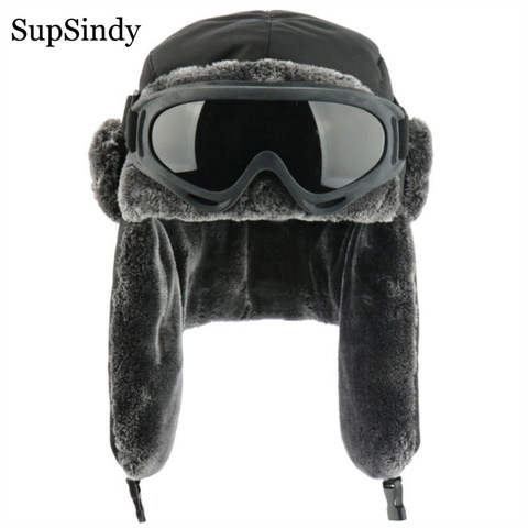 SupSindy-gorros militares de Ushanka para hombre y mujer, gorro de invierno con gafas, cálido, piel de conejo de imitación, piloto, con orejera, para esquí y nieve ► Foto 1/6