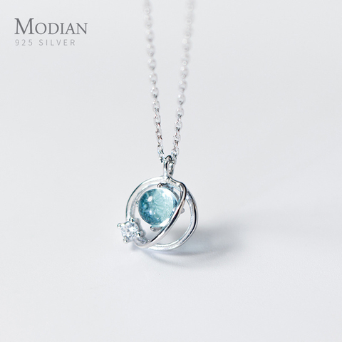 Modian exquisita azul de cristal de ópalo collar redondo 100% colgante de plata de ley 925 joyería de plata para las mujeres corto collares medianos cadena ► Foto 1/5