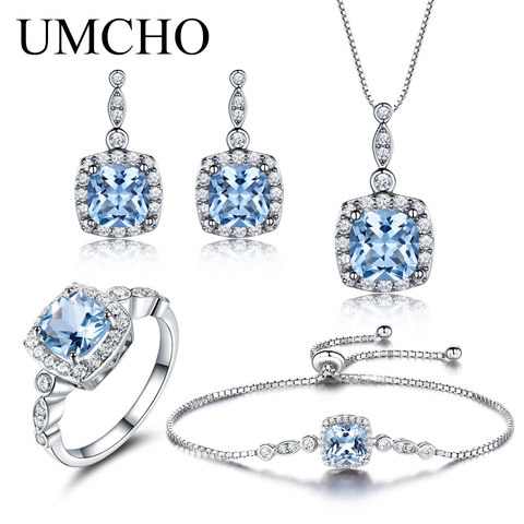 UMCHO-pendientes de plata de ley 925 con Topacio Azul, joyería ajustable, collar, pulsera, regalo de boda ► Foto 1/6