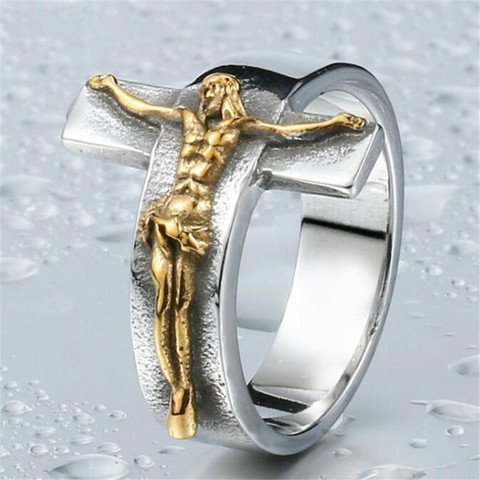 Anillo religioso con cruz de Jesús para hombre, joyería Retro creativa de Metal de Color dorado y plateado ► Foto 1/5