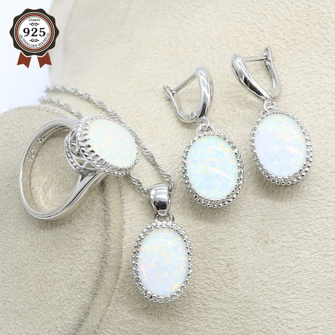 Juegos de joyas para mujer, ópalo blanco, anillo de Plata de Ley 925 de lujo, conjunto de pendientes, colgante, joyería ► Foto 1/6