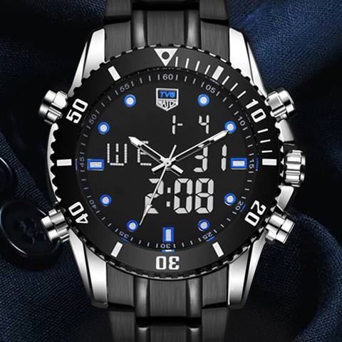 TVG-reloj deportivo para hombre, cronógrafo de cuarzo Digital, analógico, Led, de acero completo, negro, 12/24 horas, GMT 2 ► Foto 1/6