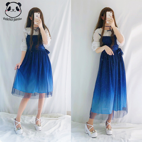 JSK-vestido Lolita con estrellas brillantes, conjunto de camisa con gradiente de JSK, vestido de lujo liso azul con chica, vestido plisado acanalado ► Foto 1/6