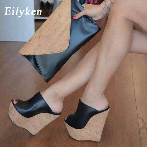 Novedosas zapatillas de plataforma Peep Toe con cuña, zapatos negros de verano para mujer, sandalias súper altas sexys, zapatillas negras de 35-42 ► Foto 1/6