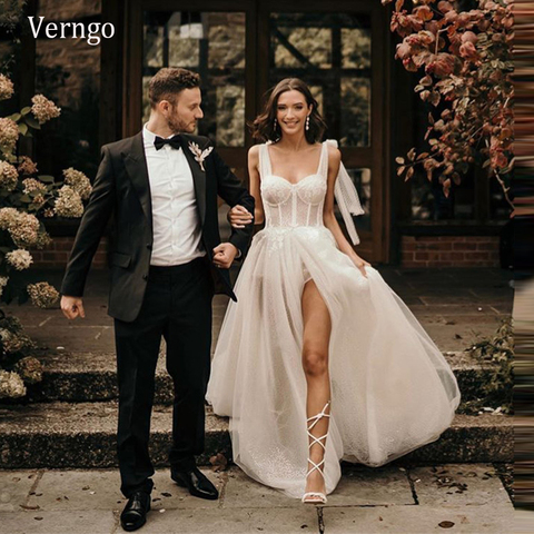 Verngo 2022 nuevo Berta playa boda Vestido de encaje Floral brillo Underlay una línea de novia de hendidura frontal país Sexy vestidos de novia ► Foto 1/6