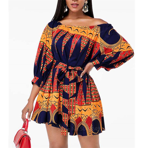 Dashiki-vestido Dashiki de talla grande para mujer, Moda Africana, estampado de La Falda corta con hombros descubiertos ► Foto 1/6