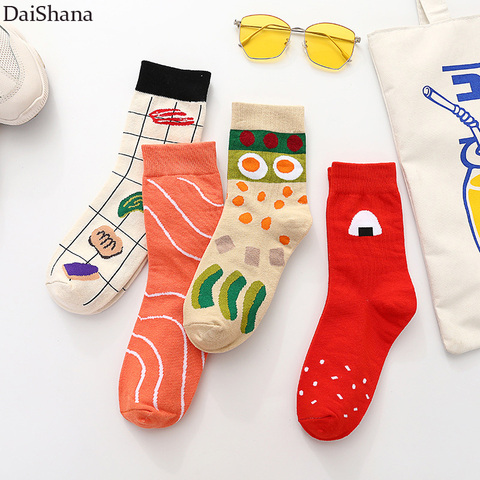 Calcetines coloridos de dibujos animados para mujer, calcetín japonés/estilo coreano, novedad, para barbacoa, Sushi, salmón, ensalada de barbacoa, comida, Kawaii, 1 par ► Foto 1/6